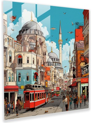 Popcas Anadolu Pop Sanat Cam Tablosu - Ev Dekorasyonu Kalabalık Sokak Hayatı Ikonik Yapılar