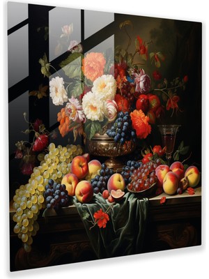 Popcas Klasik Natürmort Cam Tablo - Duvar Dekorasyonu Cam Duvar Sanatı