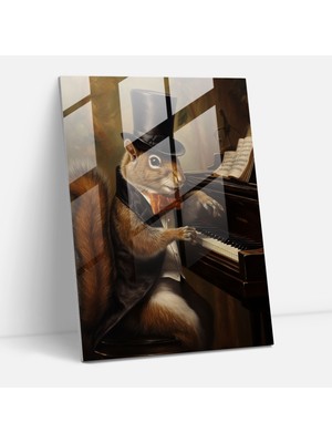 Popcas Hayvanlar Insan Gibi Giyinmiş Cam Tablo - Modern Sanat Büyük Bir Piyano Çalan Hayvanlar Hayvanlar Insan Gibi Giyinmiş