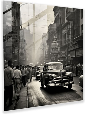 Popcas Nostaljik Siyah Beyaz Fotoğrafçılıkla Dolu Vintage Sokak Hayatı Cam Tablo - Ev Dekorasyonu