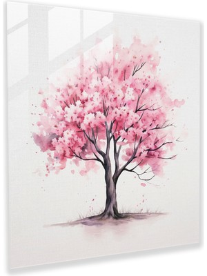 Popcas Asya Çiçekleri Cam Tablosu - Asya Kiraz Çiçeği Ağacı Minimalist Sulu Boya Çizimi Cam Duvar Sanatı