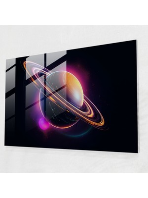 Popcas Satürn Neon Cam Tablo - Dünya Cam Duvar Sanatı Cam Sanat