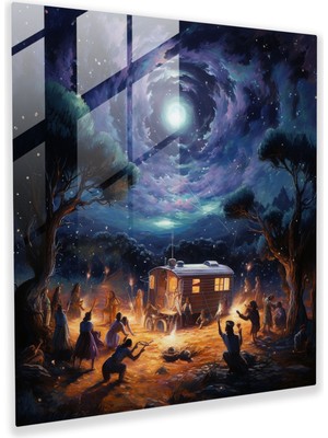 Popcas Camlı Tablo - Çingene Karavan Geceleri - Karavan Yıldızlı Gece Gökyüzü Izlenimci Resim Ateş