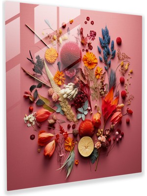 Popcas Kurutulmuş Çiçekli Cam Duvar Sanatı - Geometrik Mozaik - Kurutulmuş Çiçek Geometrik Desen Canlı Tonlar Ev Dekorasyonu