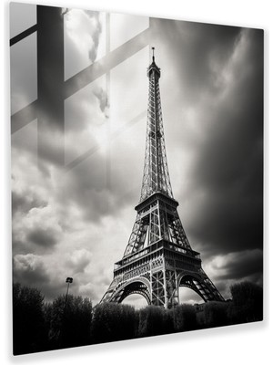 Popcas Ebedi Cam Tablo - Eyfel Kulesi Minimalist Siyah Beyaz Fotoğraf Cam Duvar Sanatı - Ev Dekorasyonu - Duvar Dekoru - Modern Sanat Eseri
