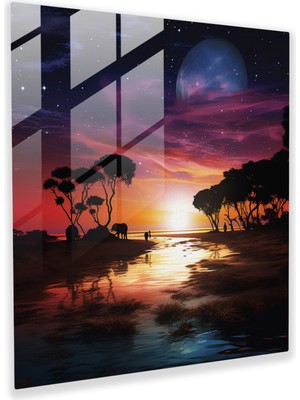 Popcas Ay Işığında Serenat Cam Tablo - Romantik Plaj Manzaralı Cam Duvar Sanatı - Ev Dekorasyonu