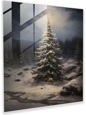 Popcas Klasik Cam Tablo - Muhteşem Karlı Noel Ağacı - Noel Cam Sanatı Klasik Yağlı Boya Duvar Dekorasyonu