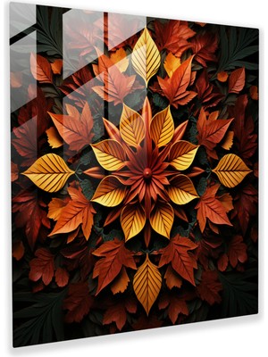 Popcas Sonbahar Yaprakları Mandala Cam Tablo - Sonbahar Ev Dekorasyonu Cam Duvar Sanatı Dijital Sanat Tasarımı