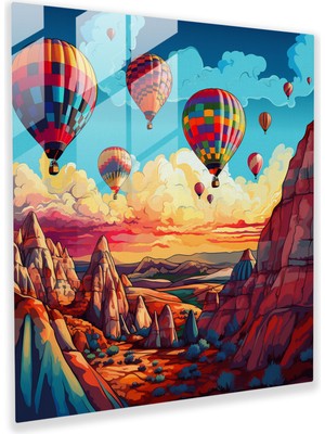 Popcas Canlı Yükseliş Cam Tablo - Modern Pop Sanat Kapadokya Sıcak Hava Balonları