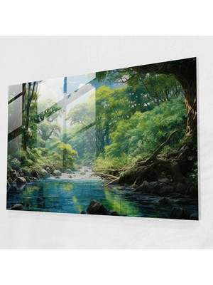 Popcas Huzurlu Blokzincir Cam Tablosu - Blokzincir Duvar Dekorasyonu Bol Yeşillik Cam Sanatı