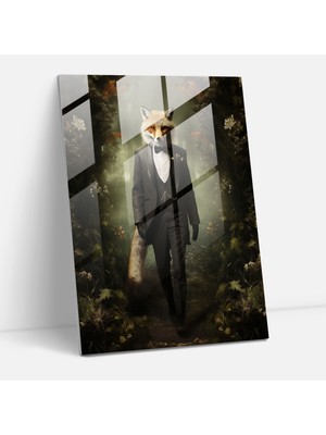 Popcas Masalsı Tilki Cam Tablo - Insan Gibi Giyinmiş Hayvanlar Cam Sanatı Tuxedo