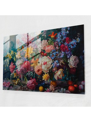 Popcas Detaylı Çiçekli Natürmort Barok Tarzı Resim Ev Dekorasyonu - Barok Tarzı Resim Cam Tablo Kanvas Tablo