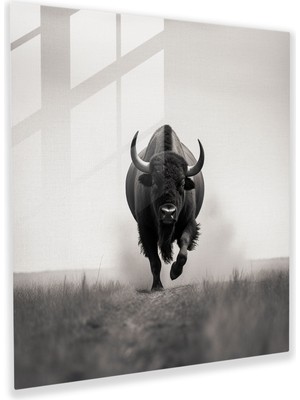 Popcas Boğa Cam Tablosu - Koşan Boğanın Minimalist Siyah Beyaz Fotoğrafı - Dekorasyon Güç Minimalist Siyah Beyaz Fotoğraf