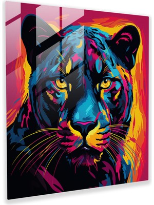 Popcas Canlı Enerji Siyah Panter Cam Tablo - Panter Cam Sanatı Pop Sanat Modern Sanat