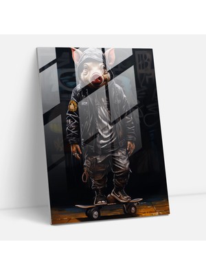Popcas Hayvanlar Gibi Giyinmiş Insanlar Cam Tablo Sanatı - Grafiti Sanatı - Hayvanlar Gibi Giyinmiş Insanlar Kaykay Tutarak Duvar Dekorasyonu Cam Tablo