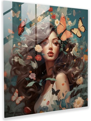 Popcas Bohem Çiçekler Cam Tablo - Bohem Tarz Cam Sanatı Dijital Illüstrasyon Modern Sanat