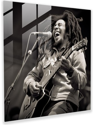 Popcas Bob Marley Cam Tablo - Unutulmaz Konser Anı - Bob Marley Siyah Beyaz Fotoğraf Cam Sanat Konser Anı