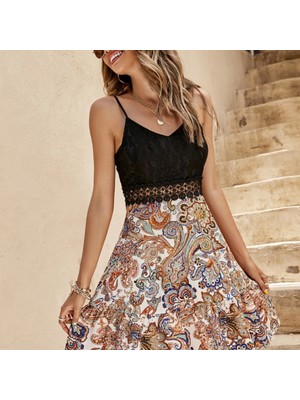 Kadın Askılı V Yakalı Üst Dantel Alt Süprem Mini Elbise