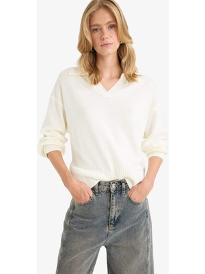 DeFacto Oversize Geniş Kalıp Polo Yaka Triko Kazak F9126AX25WN