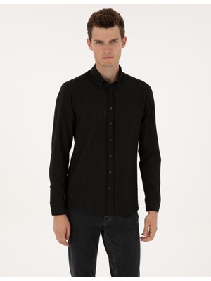 Pierre Cardin Erkek Siyah Çizgi Baskılı Slim Fit Uzun Kollu Gömlek 50311110-VR046