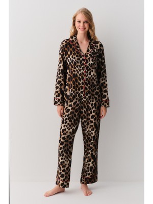 Suwen Brave Leopar Desenli Kadın Gömlek Yaka Pijama Takımı 2XL Standart Kol Özellikli