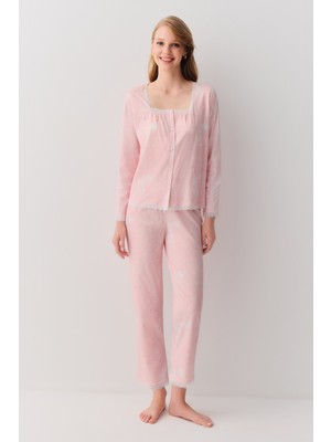 Suwen Sakura Gömlek Yaka Pijama Takımı Kadın 3XL Klasik Yaka Pembe Renk Örme Kumaş