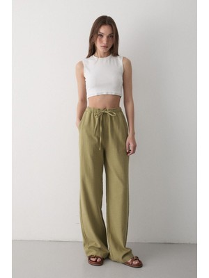 Jaste Kadın Beli Lastikli Bol Paça Palazzo Keten Pantolon HAKİ