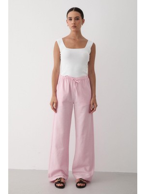 Jaste Kadın Beli Lastikli Bol Paça Palazzo Keten Pantolon PEMBE