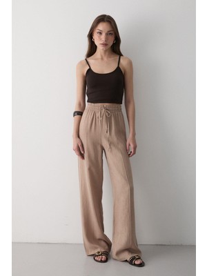 Jaste Kadın Beli Lastikli Bağcıklı Keten Pantolon