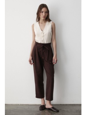 Jaste Kadın Yüksel Bel Boncuklu Bağcıklı Keten Pantolon