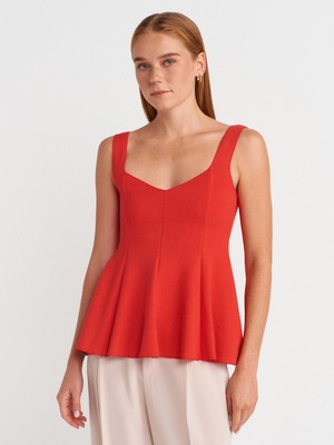 31973 Peplum Streç Top-Kırmızı