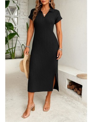 Gökyüzü Moda Kadın Kısa Kollu Yakalı Yandan Yırtmaçlı Kalın Fitilli Kaşkorse Elbise