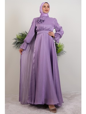 Omuzdan Pelerinli Elbise Lila