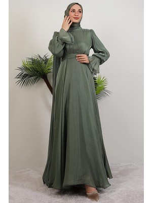 Omuzdan Pelerinli Elbise Soft Yeşil