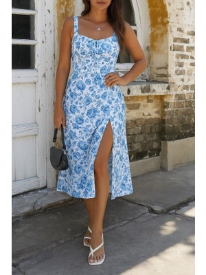 La Mode Istanbul Kadın Askılı Geniş V Yakalı Sırttan Bağlamalı Yırtmaçlı Süprem Elbise