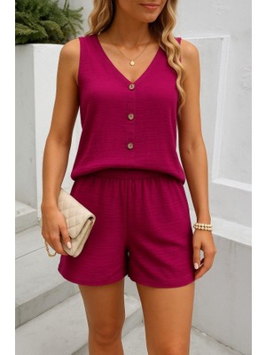 Nidam Butik Kadın Askılı Kolsuz V Yakalı Önden Düğmeli Bürümcük Bluz ve Short Ikili Takım