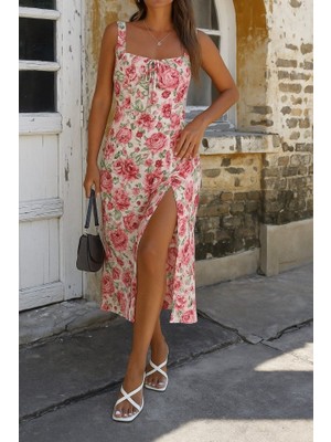 Passense Kadın Askılı Geniş V Yakalı Sırttan Bağlamalı Yırtmaçlı Süprem Elbise