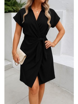 Arben Boutique Kadın Kısa Kollu Yakalı Yandan Bağlamalı Dokuma Elbise