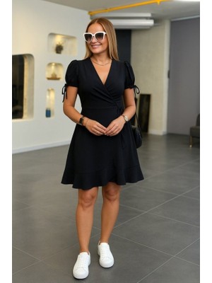 Nidam Butik Kadın Kısa Kollu Kruvaze Yakalı Yandan Bağlamalı Janjan Krep Elbise