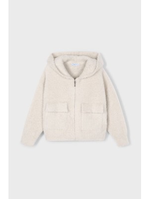 Kız Çocuk Kapüşonlu Cepli Pelüş Hırka - Ekru