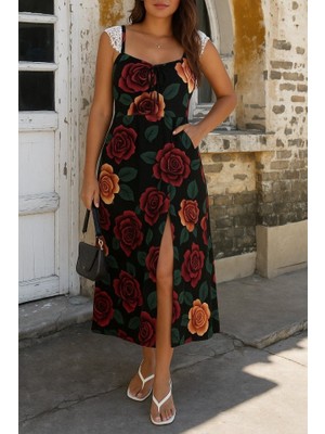 Arben Boutique Kadın Askılı Geniş V Yakalı Sırttan Bağlamalı Yırtmaçlı Süprem Elbise