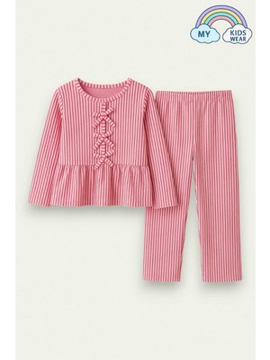Kız Çocuk Çizgili Fırfırlı Pijama Takımı 5-16 Yaş 12044