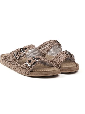 Kadın Camel Hasır Terlik Örgü Dantel Nakış Işlemeli Triko Yazlık Tatil Ev Günlük Terlik