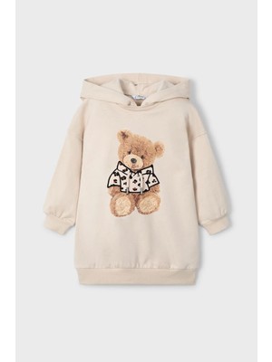 Kız Çocuk Ayı Baskılı Kapüşonlu Sweatshirt Elbise - Bej