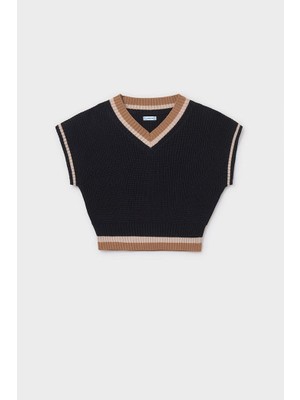 Kız Çocuk V Yaka Kontrast Şeritli Triko Süveter - Siyah