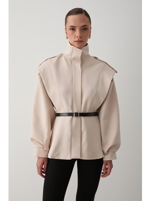 Laluvia Bej Valeria Kemerli Ceket Kadın Relaxed Kalıp %100 Pamuk Uzun Kol Casual Stil