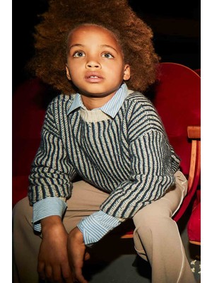 Kız Çocuk Çizgili Triko Kazak – Yeşil