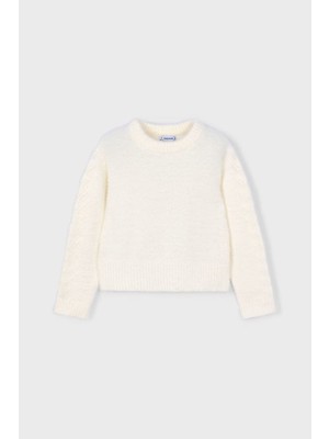 Kız Çocuk Kolları Desenli Yumuşak Dokulu Triko Kazak - Ekru