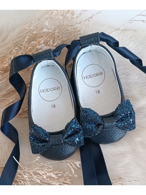 Perla Taşlı Lacivert Hakiki Deri Bebek Babet Ayakkabı