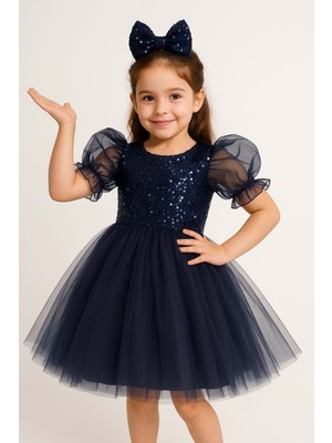 Mnk Baby & Kids Kız Çocuk Tütü Elbise M00751 Balon Kol ve Pul Payet Detaylarıyla Düğün ve Özel Günler İçin